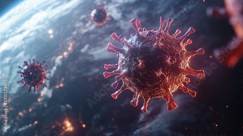 A hologram of a virus is depicted against a blurred background of Earth, representing the search for a cure and the spread of disease