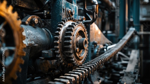 Close-up of intricate machinery showcasing gears, chains, and industrial elements in a factory setting, highlighting engineering precision.