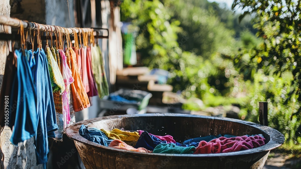 Obraz premium Colorful clothes drying in the sun beside a rustic wash basin, surrounded by nature and greenery.