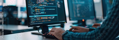 A software developer working in a modern office types code on multiple monitors, focusing on programming, coding, and software development.