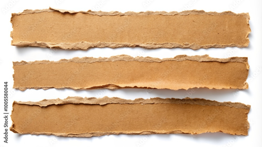 Jagged-edge brown ripped paper strips, set against a white background, ideal for enhancing creative design projects and Jagged-edge brown ripped paper strips, set against a white background, ideal for enhancing creative design projects and