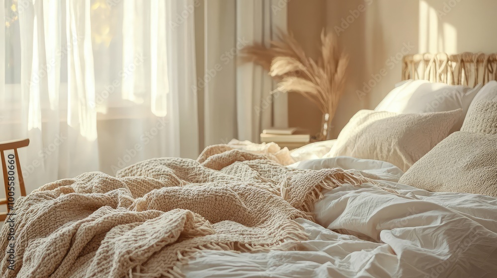 Cozy bedroom scene with soft blankets and natural light flowing through curtains, creating a serene and inviting atmosphere. Cozy bedroom scene with soft blankets and natural light flowing through curtains, creating a serene and inviting atmosphere.