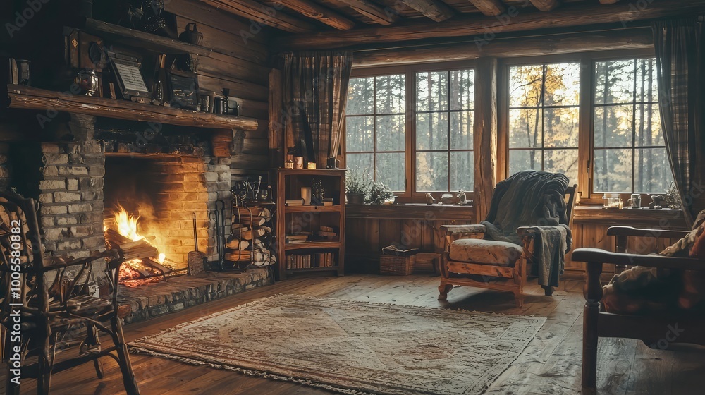 Cozy cabin interior featuring a warm fireplace, rustic furniture, and inviting natural light from large windows. Cozy cabin interior featuring a warm fireplace, rustic furniture, and inviting natural light from large windows.