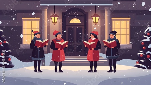 of a group of carol singers standing in front of a cozy residential house holding songbooks and singing holiday songs in a festive winter scene photo