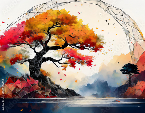 和風で洗練された空間を風を感じながら包み込む満開の紅葉　幾何学模様と融合する幻想的な多角形の図形譜	