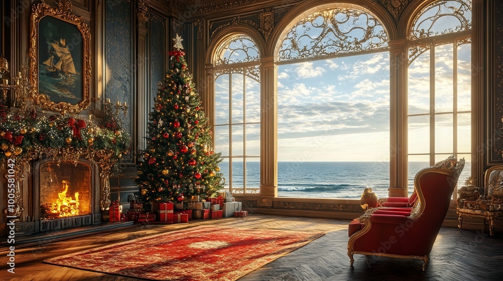 Fototapeta premium Luxuary room with Christmas tree with windows overlooking the ocean 