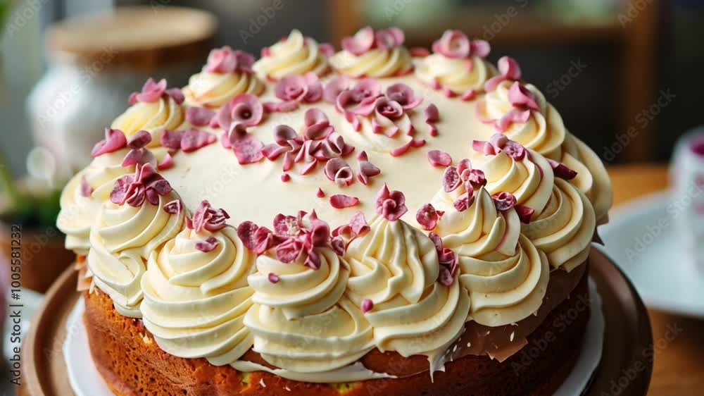 A beautifully decorated cake topped with swirl cream frosting and scattered rose petals sits elegantly on a wooden platter in a cozy cafe, inviting dessert lovers. A beautifully decorated cake topped with swirl cream frosting and scattered rose petals sits elegantly on a wooden platter in a cozy cafe, inviting dessert lovers.