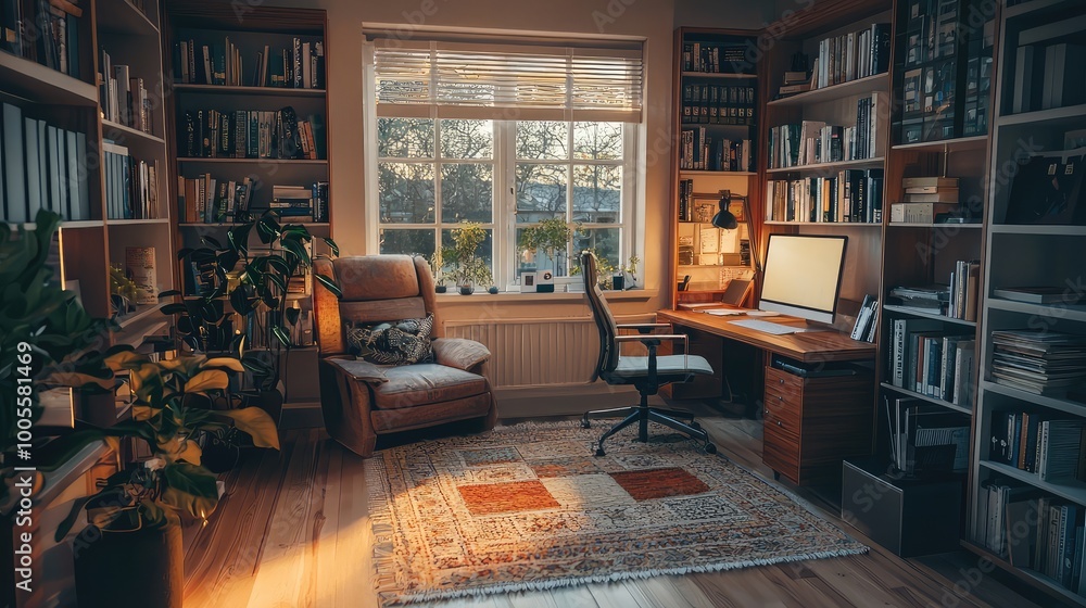Cozy home office with warm lighting, bookshelves, desk, and chair, offering a serene workspace surrounded by nature. Cozy home office with warm lighting, bookshelves, desk, and chair, offering a serene workspace surrounded by nature.