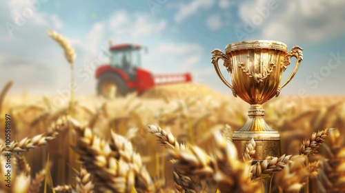 a golden winner's cup in a wheat field with a harvester in the background harvesting, Ai Generative. photo