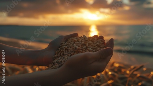 advertising image, two hands hold a pile of wheat, in the background we see a blurred Sicilian sunset over the sea , Ai Generative photo