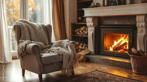 Cozy living room with a comfortable chair beside a warm fireplace, perfect for relaxation and comfort during chilly evenings. photo