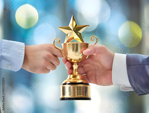 A diverse group of employees receives recognition awards in a modern corporate office setting. photo