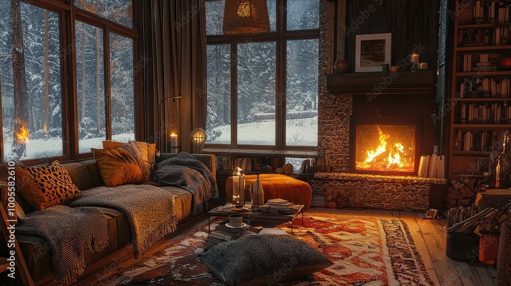 Cozy living room with a warm fireplace, plush furniture, and snowy views, perfect for creating a peaceful winter atmosphere. Cozy living room with a warm fireplace, plush furniture, and snowy views, perfect for creating a peaceful winter atmosphere.
