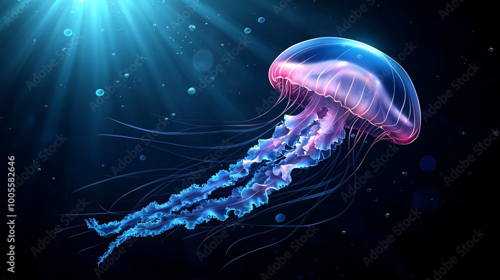A bioluminescent jellyfish with long tentacles swims through the dark ocean, bathed in a beam of sunlight. A bioluminescent jellyfish with long tentacles swims through the dark ocean, bathed in a beam of sunlight.
