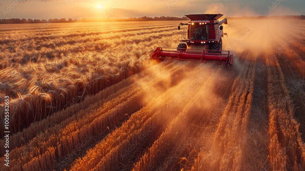 harvesting combine, wheat field, top view, sunset, wide angle , Ai Generative. harvesting combine, wheat field, top view, sunset, wide angle , Ai Generative.