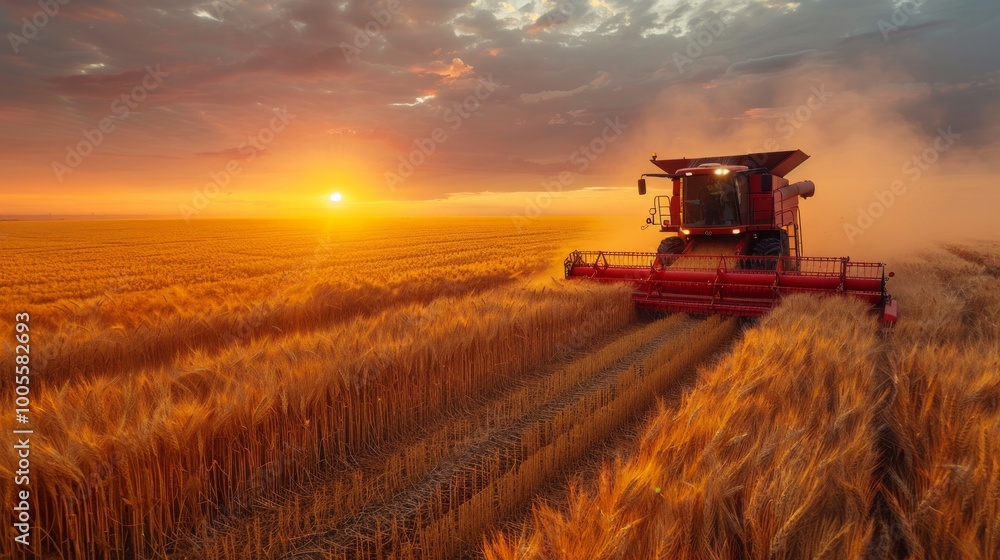 Obraz premium harvesting combine, wheat field, top view, sunset, wide angle , Ai Generative.