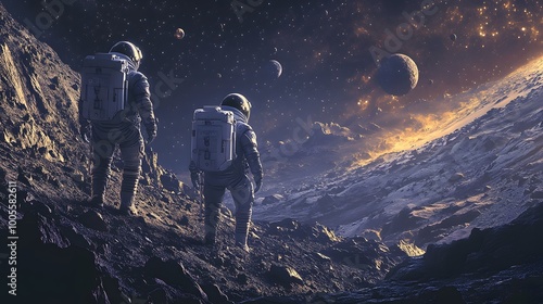 Fototapeta Naklejka Na Ścianę i Meble -  Astronauts exploring an asteroid 3D rendering. 