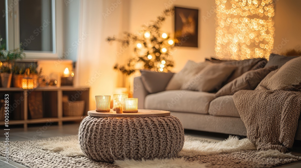 Cozy living room with soft lighting, plush sofa, and decorative elements, exuding warmth and comfort for a relaxing atmosphere. Cozy living room with soft lighting, plush sofa, and decorative elements, exuding warmth and comfort for a relaxing atmosphere.