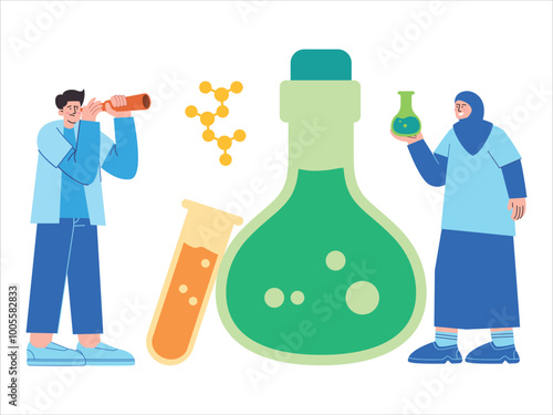 Medical couple work-partner woman man holding binocular telescope beaker glass retort analyzing chemical design icon character set