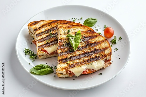 Grilled Turkey Panini. basil, provolone cheese on a plate Isolated on a white Background. Toast with cheese. generative ai