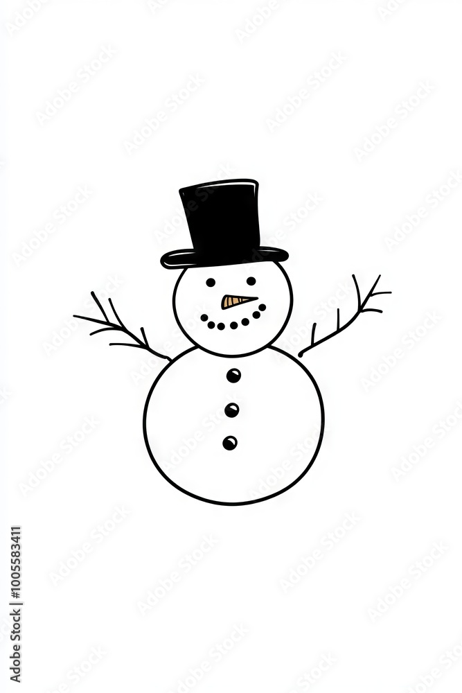 A snowman with a hat and a carrot nose. The snowman is smiling and holding a branch in his right hand A snowman with a hat and a carrot nose. The snowman is smiling and holding a branch in his right hand