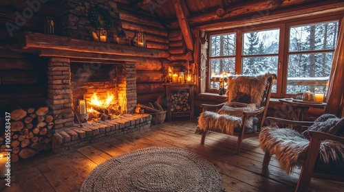 Cozy log cabin interior with a warm fireplace, soft chairs, and a serene winter view through the window.