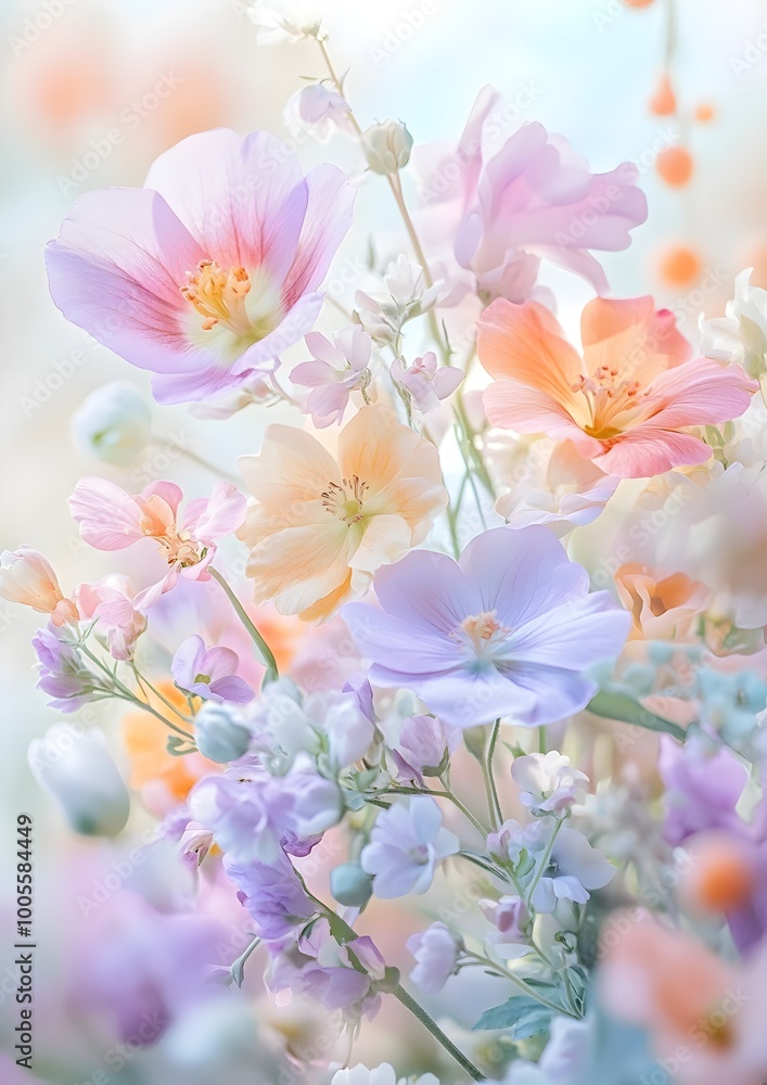 Vibrant Pastel Hued Floral Arrangement with Delicate Petals and Soft Romantic Ambiance Elegant display of various blooming flowers in soft pastel tones Vibrant Pastel Hued Floral Arrangement with Delicate Petals and Soft Romantic Ambiance Elegant display of various blooming flowers in soft pastel tones
