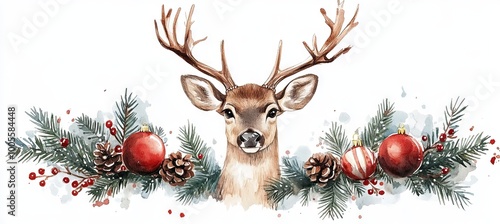 watercolor illustration of head of a deer with christmas decoration, banner  photo