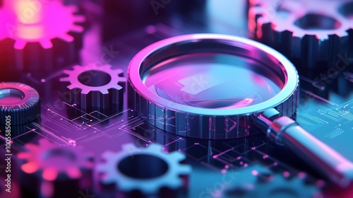 A conceptual image illustrating the implementation of SEO strategies, featuring a dynamic arrangement of magnifying glasses focused on website analysis, alongside competitor comparison charts