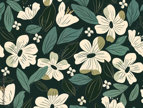 A botanical floral pattern featuring cream-colored flowers with dark green leaves set against a black background. The classic, elegant design evokes a sense of natural beauty and vintage charm.