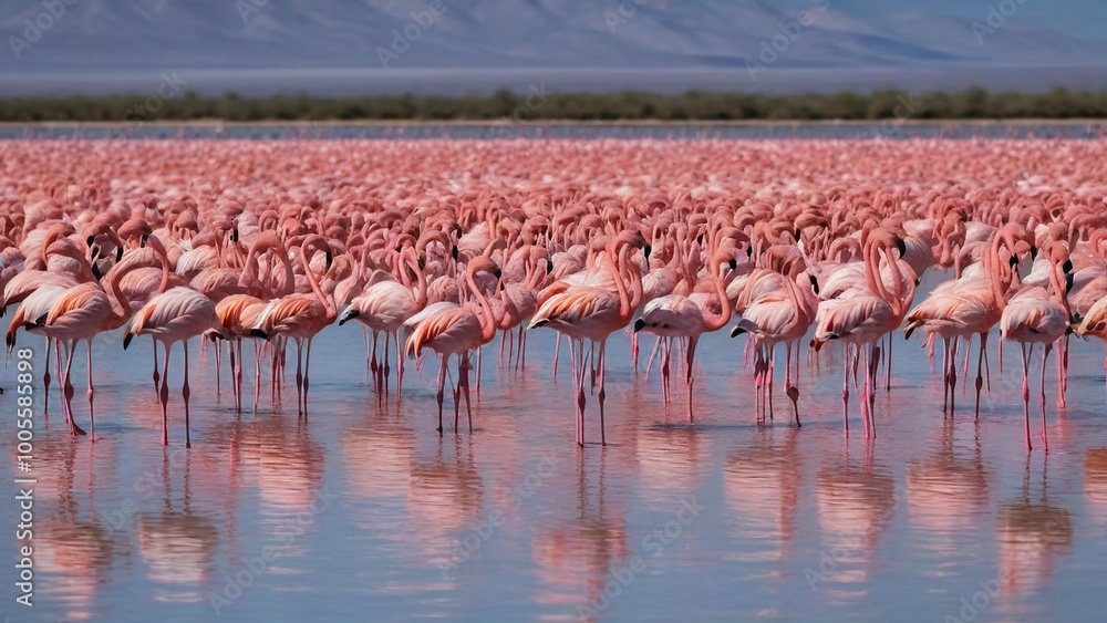 Obraz premium a flock of flamingos are standing in the water.
