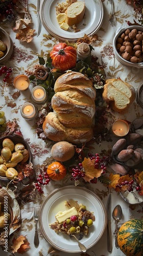 Overhead arrangement of a Thanksgiving table with a focus on the bread and butter.