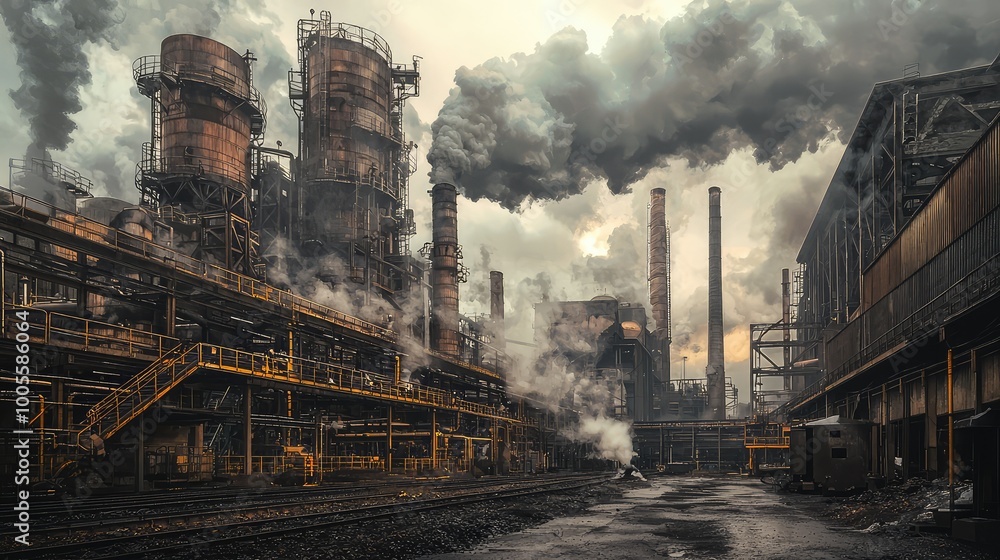 Naklejka premium Dramatic view of an industrial factory with towering smokestacks and clouds of smoke billowing into the sky.