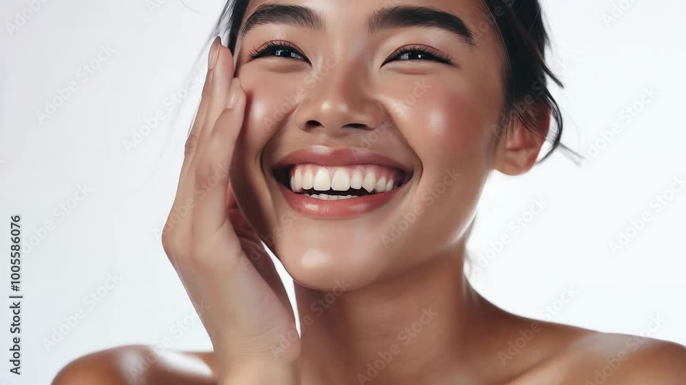 Close-Up of Smiling Woman with Flawless Skin in Studio Lighting
