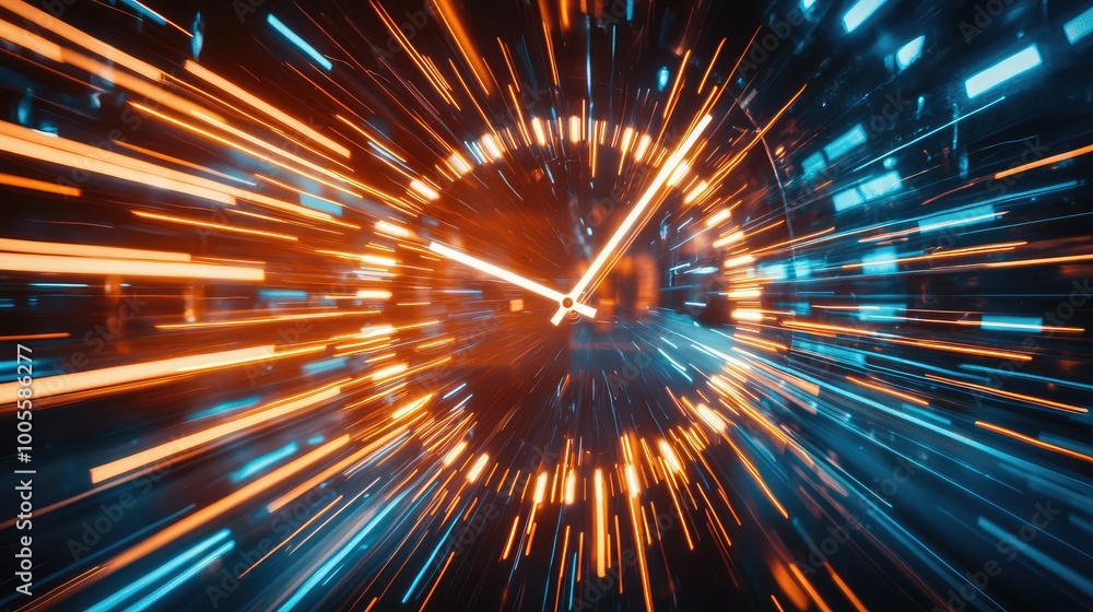 Dynamic explosion of light with a clock in focus, symbolizing speed, time travel, and the passage of time in a digital world. Dynamic explosion of light with a clock in focus, symbolizing speed, time travel, and the passage of time in a digital world.