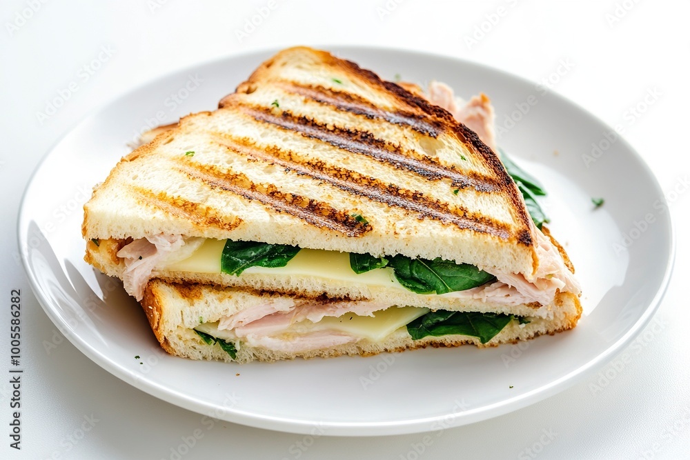 Grilled Turkey Panini. basil, provolone cheese on a plate Isolated on a white Background. Toast with cheese. generative ai Grilled Turkey Panini. basil, provolone cheese on a plate Isolated on a white Background. Toast with cheese. generative ai