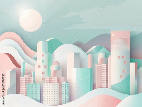 A pastel-colored abstract cityscape with geometric buildings, soft hills, and a dreamy atmosphere. The smooth curves and muted tones create a playful, futuristic landscape with a imaginative vibe. photo