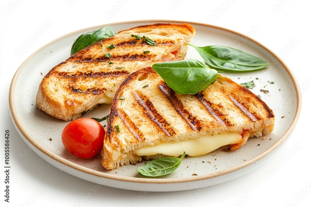 Grilled Turkey Panini. basil, provolone cheese on a plate Isolated on a white Background. Toast with cheese. generative ai Grilled Turkey Panini. basil, provolone cheese on a plate Isolated on a white Background. Toast with cheese. generative ai