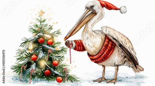 A vintage watercolor painting of a pelican dressed in a sweater, holding a Christmas tree adorned with a glowing garland, set against a white background photo