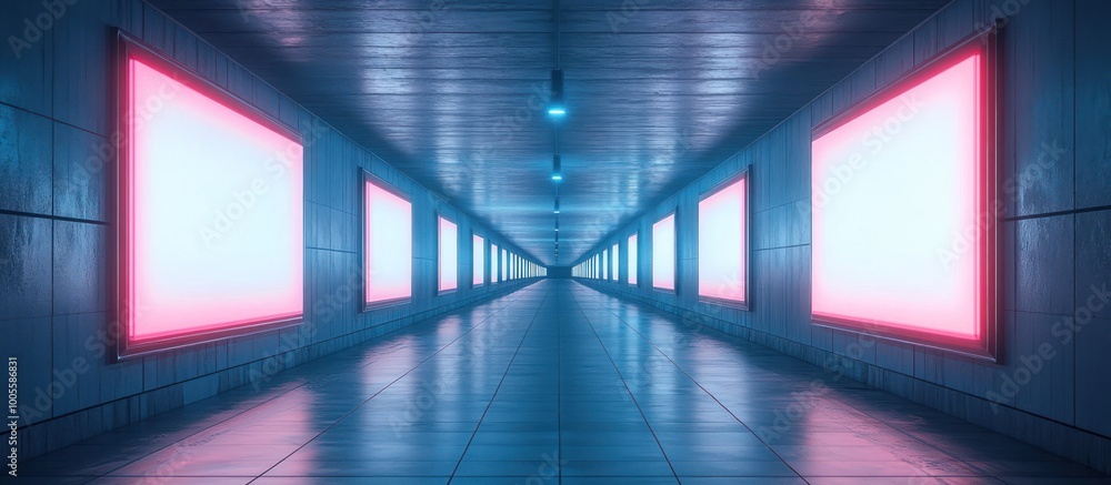 Futuristic neon glowing hallway with blank white rectangular glowing signs. Futuristic neon glowing hallway with blank white rectangular glowing signs.
