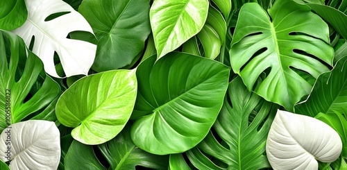 Tropical leaves on a green background with grunge accents in a mural for the walls. Photo wallpapers for the room.