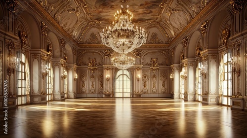 Elegant interior of a grand ballroom with ornate decor and stunning chandelier, perfect for luxurious events and celebrations.