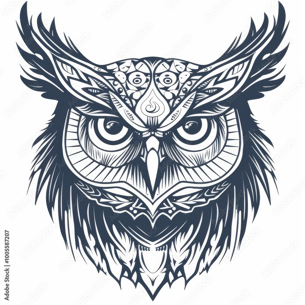 Owl head with tribal decorations in a simple drawing book style. Owl head with tribal decorations in a simple drawing book style.