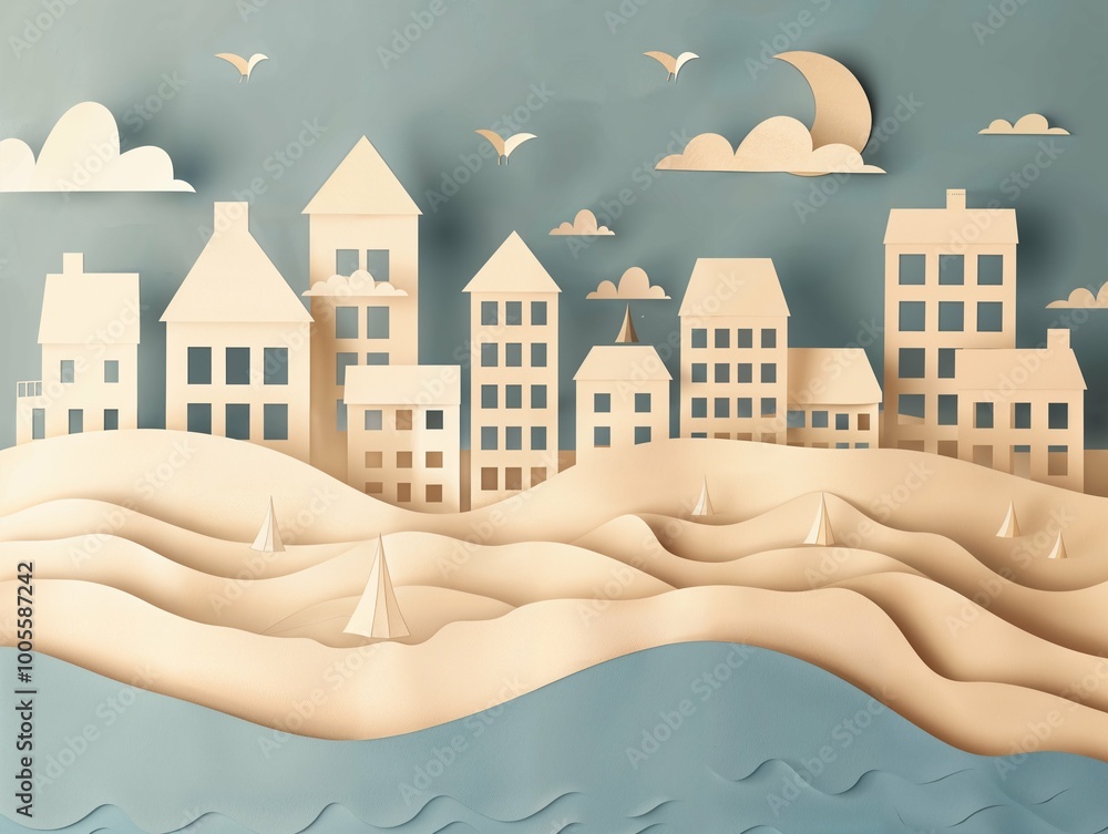 Fototapeta premium A paper art illustration of a seaside village at dusk, featuring houses with pitched roofs, calm waves, and a crescent moon in the sky. The muted tones and textured design evoke a peaceful ambiance.