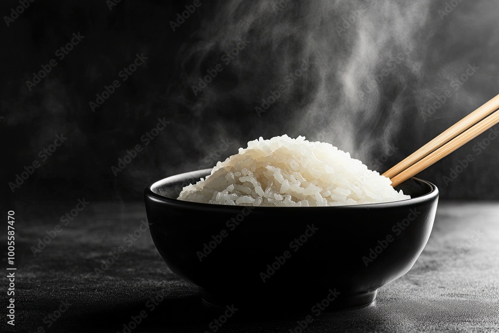 Japanese rice, Cook rice. Close up natural steaming cooked Japanese white rice in black bowl with chopstick on black background, soft focus. Healthy Food Concept. generative ai Japanese rice, Cook rice. Close up natural steaming cooked Japanese white rice in black bowl with chopstick on black background, soft focus. Healthy Food Concept. generative ai