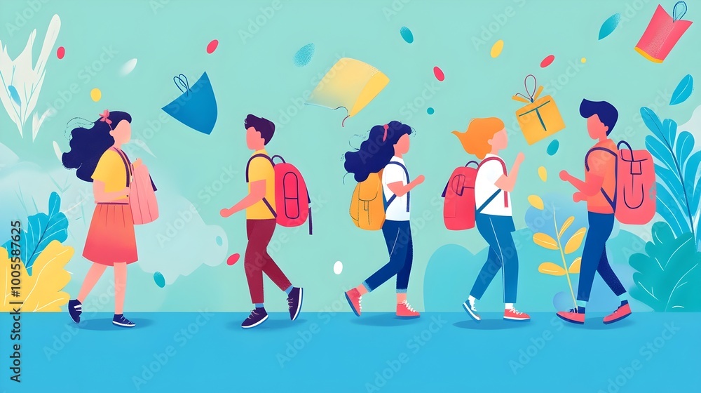 Lively and Colorful Back to School Festival with Smiling Children Carrying Backpacks and School Supplies in a Flat Design Style Lively and Colorful Back to School Festival with Smiling Children Carrying Backpacks and School Supplies in a Flat Design Style