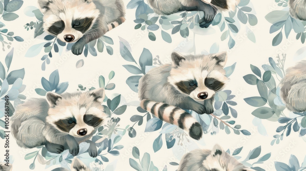 Obraz premium A series of raccoons are shown in a pattern of leaves and branches. The raccoons are all sleeping, with one of them having its head resting on its paws