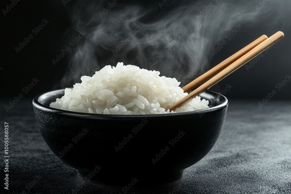 Japanese rice, Cook rice. Close up natural steaming cooked Japanese white rice in black bowl with chopstick on black background, soft focus. Healthy Food Concept. generative ai Japanese rice, Cook rice. Close up natural steaming cooked Japanese white rice in black bowl with chopstick on black background, soft focus. Healthy Food Concept. generative ai