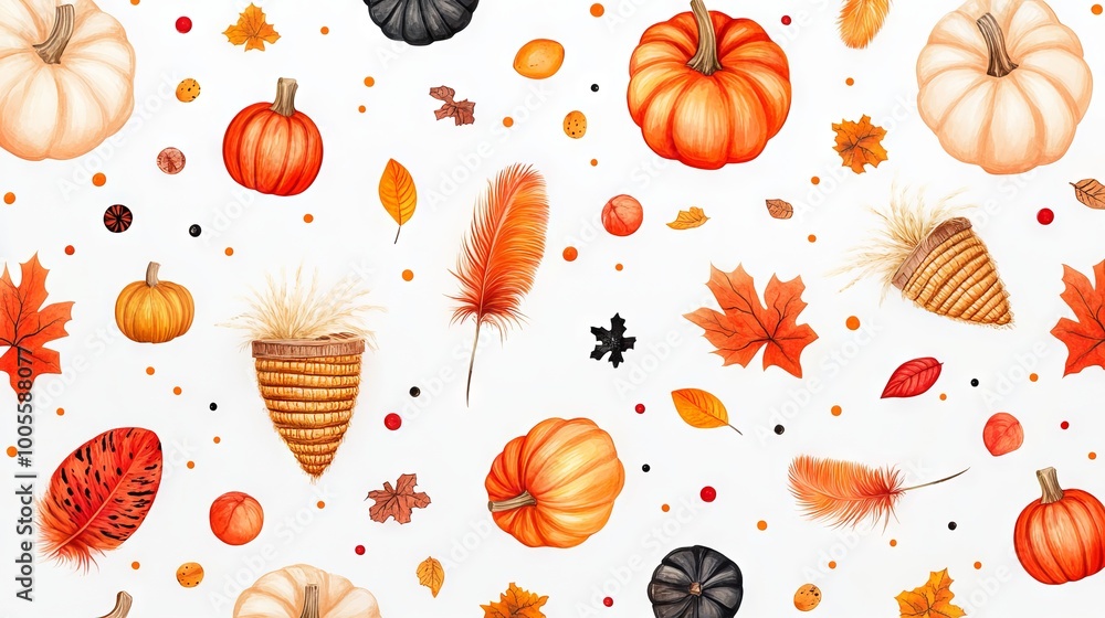 Seamless Autumn Pattern with Pumpkins, Leaves, Feathers, and Acorns on White Background Seamless Autumn Pattern with Pumpkins, Leaves, Feathers, and Acorns on White Background