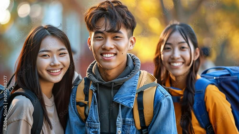 A group of three friends poses together, radiating joy and friendship, amidst colorful autumn foliage in a lively park setting on a bright afternoon. A group of three friends poses together, radiating joy and friendship, amidst colorful autumn foliage in a lively park setting on a bright afternoon.
